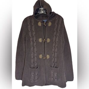 Lands End‎ Women’s Brown Chunky Knit Toggle Closure Hooded Sweater 70’s Vibe Med